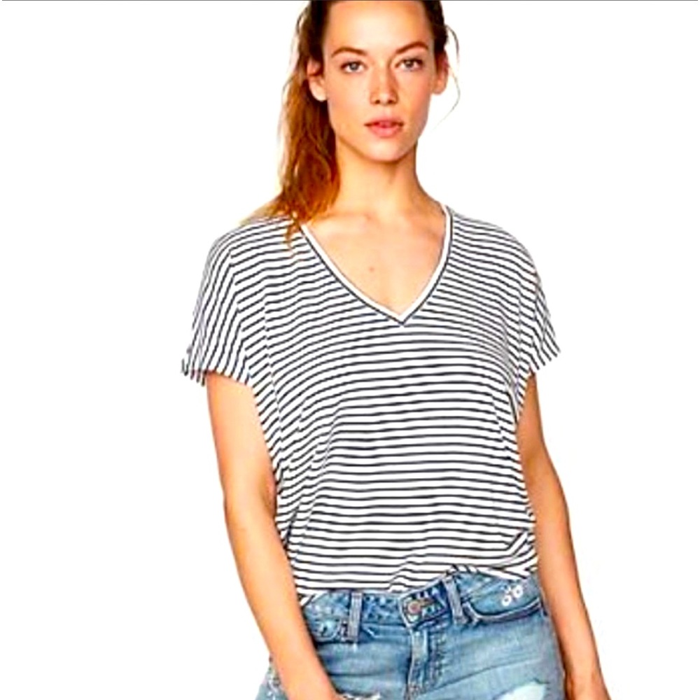 Express navy and white stripe tie front tee. Free beauty gift with purchase!